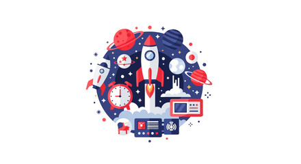 Fototapeta premium Flat Vector Illustration of a Space Rocket Launch with Planets, Stars, and Technology Icons Symbolizing Business Growth and Innovation