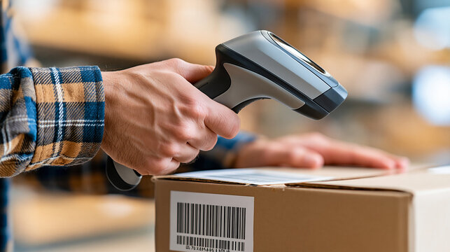 Close-up of hands holding wireless barcode scanner device to scan shipping label on cardboard box, store owner logistics concept, defocused background, with copy space