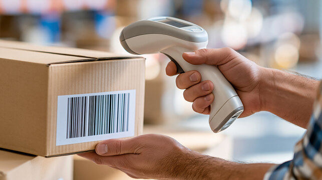 Close-up of hands scanning cardboard box with barcode reader, logistics employee managing inventory and shipment in storage facility, defocused distribution center, with copy space