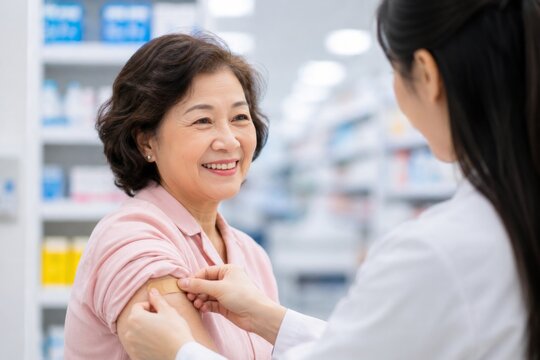 Elderly Woman Receiving Vaccination from Pharmacist in Modern Pharmacy, Community Healthcare and Preventive Care Concept