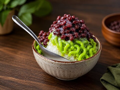 Refreshing Bowl of Malaysian Cendol with Creamy Coconut Milk, Gula Melaka and Red Beans
