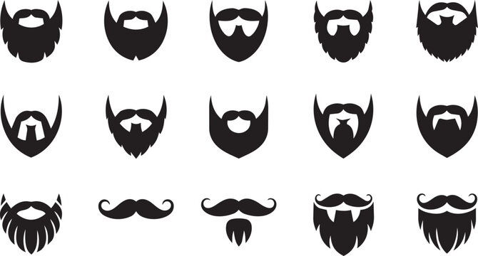 Vector set of various black beard and mustache silhouette icons for barbershop logos and hipster men grooming identity designs