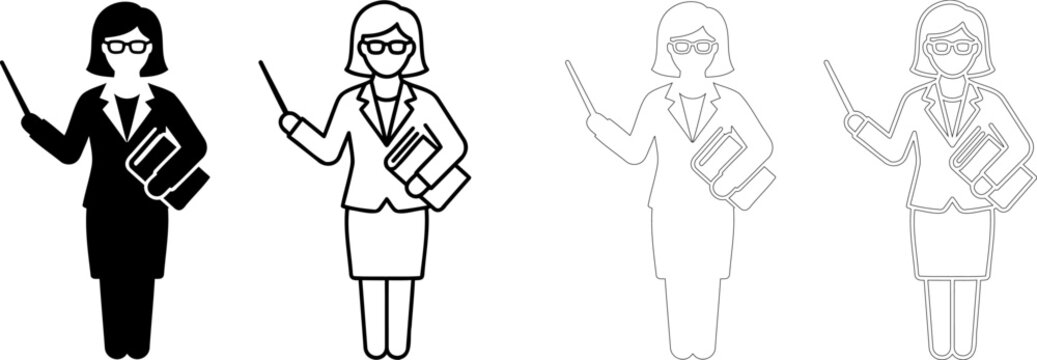 Female teacher icon with pointer and binder in vector style