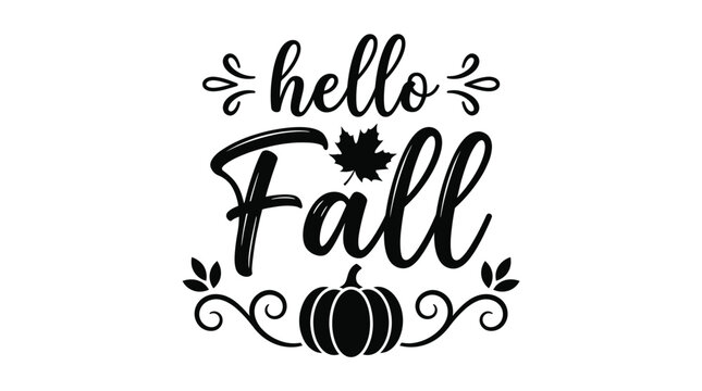 Hello fall typography design with pumpkin and maple leaf