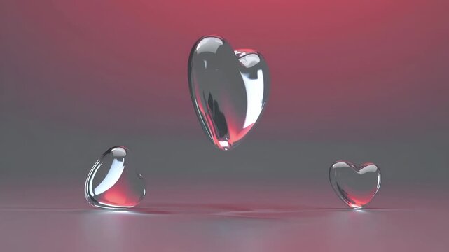 Three translucent heart-shaped glass objects float gracefully against a soft red gradient background, showcasing their reflective surfaces and delicate forms in a visually appealing arrangement