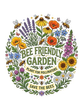 Bee friendly garden poster with wildflowers and honeybees