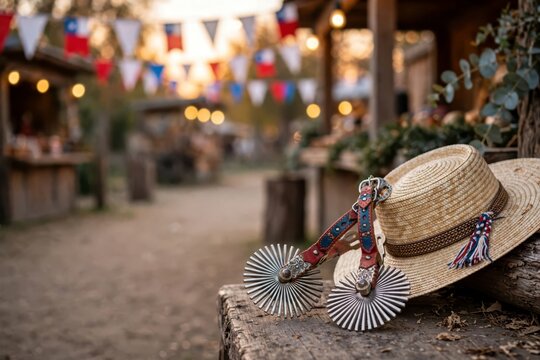Chilean Tradition. Straw hat and spurs resting on a wooden surface at a rural fair, Fiestas Patrias celebration, cultural heritage and equestrian lifestyle.