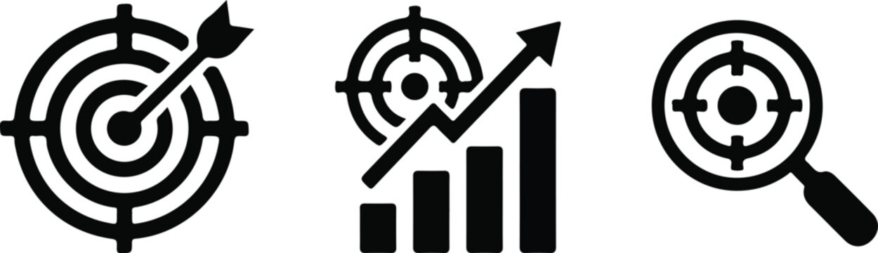 Set of target icons with arrow, growth chart and magnifying glass