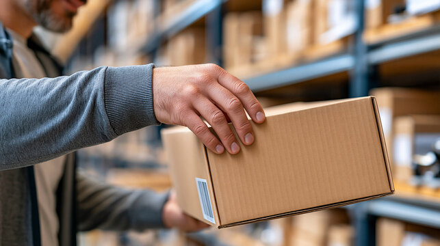Close-up of hands choosing and packing spare parts for timely delivery to clients, logistics staff concept, defocused warehouse background, with copy space