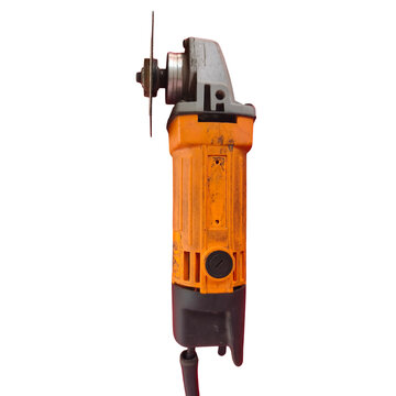 Side view profile of electric angle grinder tool with thin cutting disc isolated on transparent background