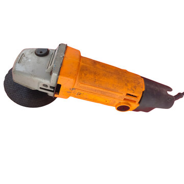 Side view of used orange electric angle grinder tool isolated on transparent background