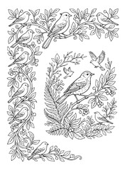 Obraz premium Intricate bird and nature botanical line art for adult coloring book