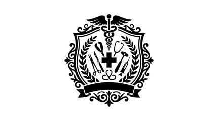 Obraz premium Medical Crest Emblem with Caduceus and Healthcare Instruments on Shield