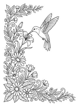 Hummingbird and Floral Border Coloring Page for Adults