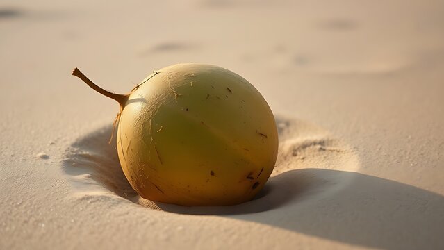 A ripe coconut resting in soft sand, morning light.