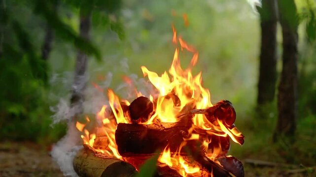 Bright campfire burning in green forest with blurred background bokeh and natural crackling audio sound. Warm video background for cozy bushcraft camping hearth, outdoor relaxation visual.
