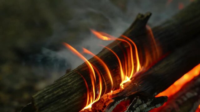 Close up shot of fire flames burning charred wood log with natural crackling audio sound. Detailed video background for cozy fireplace atmosphere, fire heat element, relaxation visual.