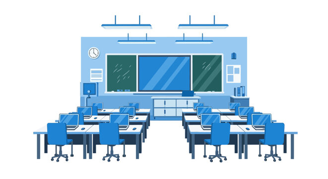 Modern Digital Classroom and Computer Lab Vector Illustration for Education and E-Learning