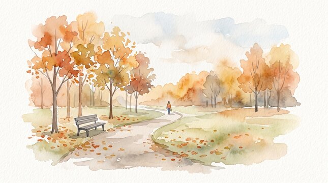 Paysage d'automne &agrave; l'aquarelle. Parc avec chemin, banc et promeneur. Concept de changement de saison, bonjour l'automne