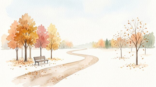 Aquarell Herbstlandschaft mit Park, Bank und Weg. Minimalistischer Natur-Hintergrund mit fallenden Bl&auml;ttern und Textfreiraum. Hallo Herbst Konzept