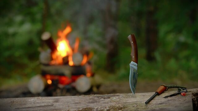Bushcraft survival knife placed on wooden log near burning campfire with natural crackling audio sound. Video background for tactical gear review, outdoor equipment presentation, camping.