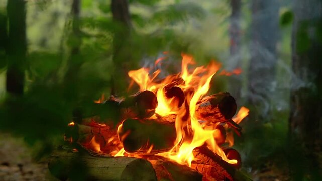 Seamless loop of active campfire burning with white smoke and natural audio crackling soundscape. Atmospheric background for bushcraft outdoor survival, cozy forest camp, nature relaxation video.