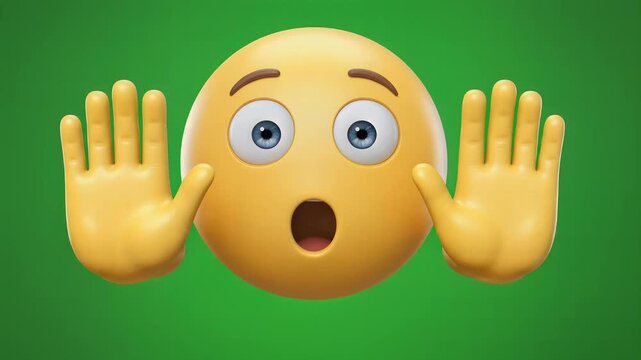Shocked 3d emoji face with raised hands on green background