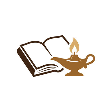 Minimalist icon of an open book with a glowing oil lamp representing knowledge and wisdom.