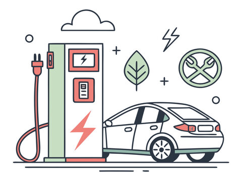 Contemporary electric vehicle charging station with EV cable, charging icon, battery indicator and sustainable energy symbols, professional flat vector design, isolated on white background
