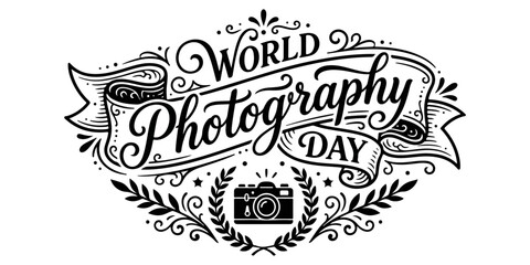 Obraz premium Vintage style hand drawn lettering design for world photography day celebration with camera icon and decorative ribbon banner
