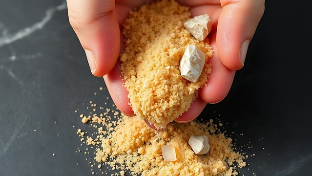 Handful of quartz sand trickling over dark slate, mineral and geology concept.
