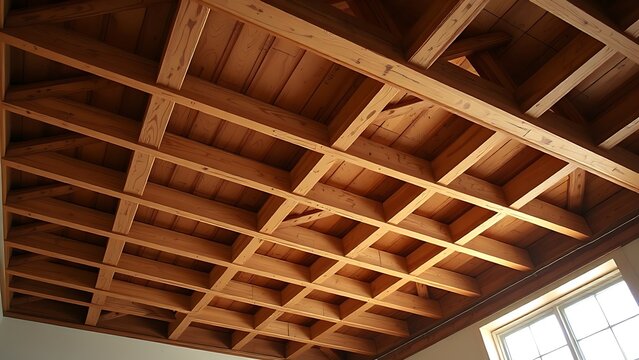 Unfinished ceiling exposing wooden joists, natural light from window.