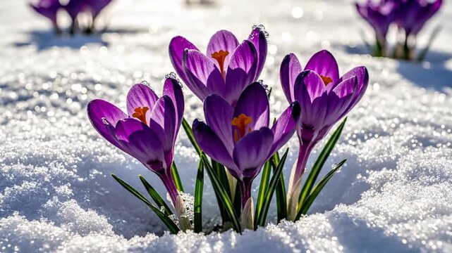 Purple crocus flowers blooming through fresh snow in sunlight