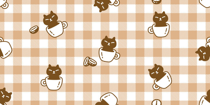 cat seamless pattern coffee cup kitten calico illustration pet cartoon vector tablecloth tartan plaid gift wrapping paper tile background repeat wallpaper doodle isolated design