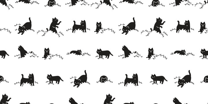 cat seamless pattern in bush black kitten calico illustration pet cartoon vector gift wrapping paper tile background repeat wallpaper doodle isolated design