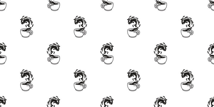 fish Seamless pattern coffee cup swimming goldfish vector doodle cartoon tablecloth gift wrapping paper tile background repeat wallpaper illustration scarf isolated pet animal design