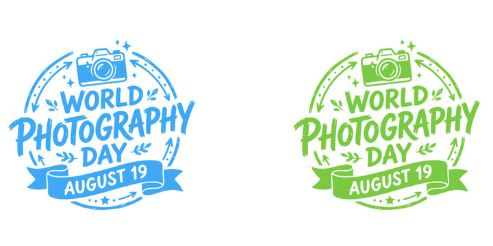 Colorful hand drawn lettering design for world photography day celebration with august 19 date on white background