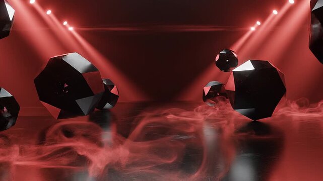 Rotating black geometric polyhedrons floating within dark red smoky studio lighting for digital motion video background