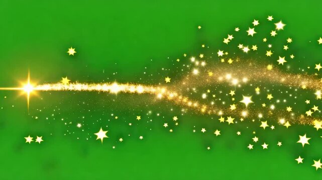 Golden light trails with sparkling particles moving across a green screen background during a cinematic motion sequence