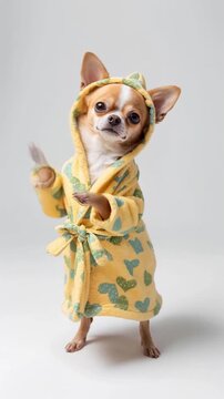 Cute chihuahua with a warm terry robe on a white background isolated