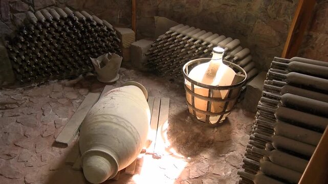 Aged Wooden Barrels Filled with Wine, Brandy or Whiskey in Historic Cellar Warehouse, Dolly Gimbal Movement Along Long Rows of Oak Casks During Alcohol Aging, Fermentation and Storage Process