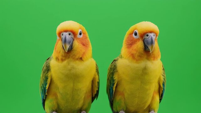 Small yellow parrots perched in a row against a vibrant green backdrop with subtle cinematic motion