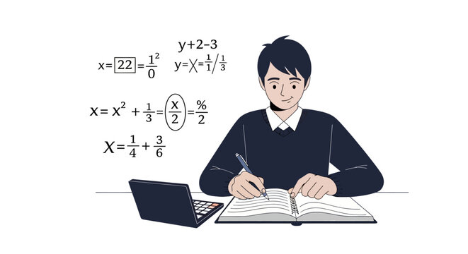 Male Student Studying Mathematics with Algebra Equations Illustration. Flat Vector Art of a Young Man Learning Math, Using a Laptop and Notebook for Homework.