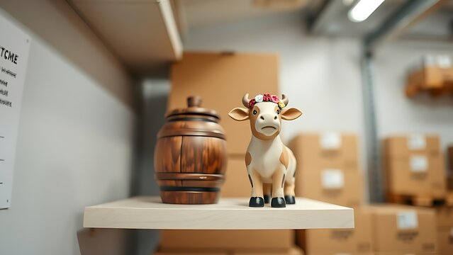 Miniature alphorn and carved cow figurine with floral crown, heritage and delivery logistics concept