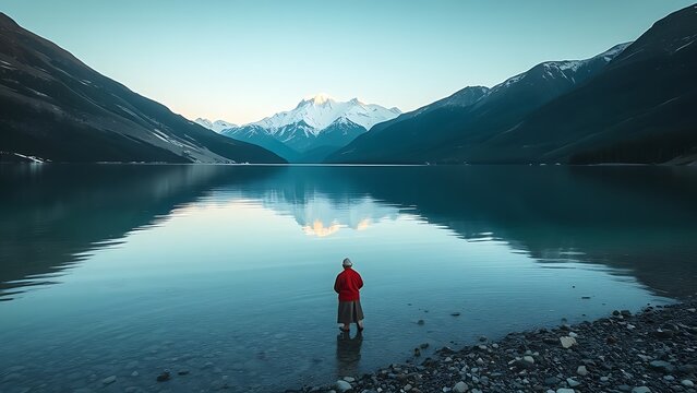 A figure prostrates on the shore of an alpine lake towards a distant mountain.
