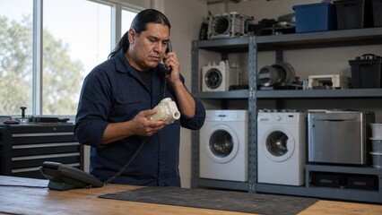 Obraz premium Small Business Continuity Planning Repair Owner Calls Supplier During
