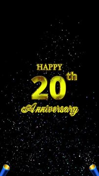 Gold Happy 20th Anniversary lettering with festive confetti launch against a black vertical party backdrop.
