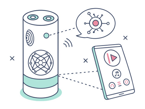 Futuristic AI assistant device with glowing digital interface, neural network symbols, voice command elements and smart technology details, premium modern vector illustration, clean isolated