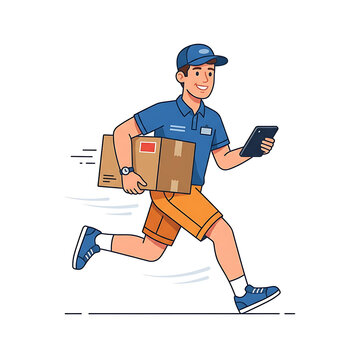 Delivery man running with cardboard box and smartphone vector illustration for fast shipping service
