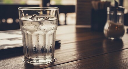 Fototapeta premium Dew-Kissed Ice Water on Warm Wood Grain